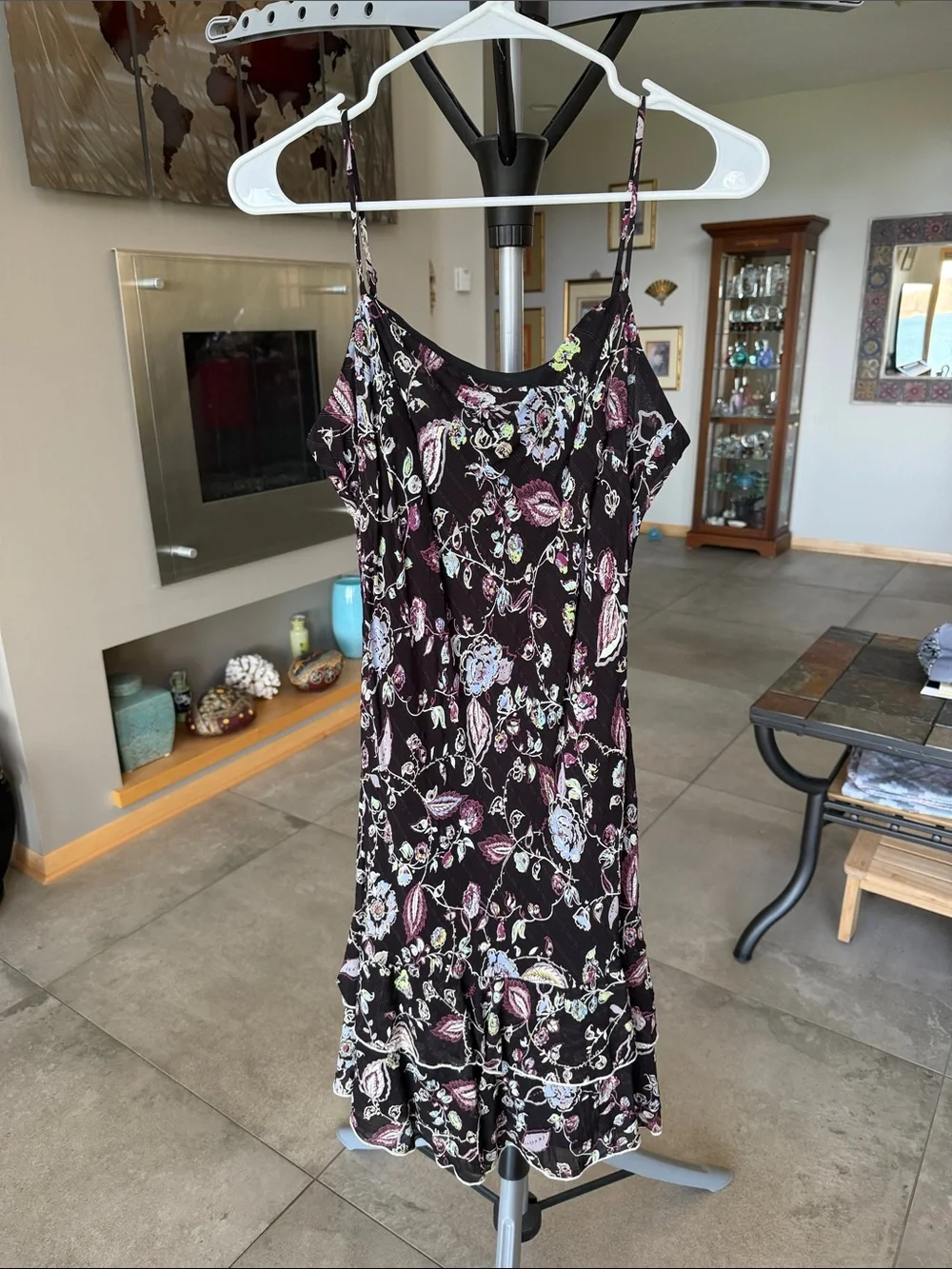 Lily floral spaghetti strap dress- black purple blue lilac size M - Picture 1 of 7